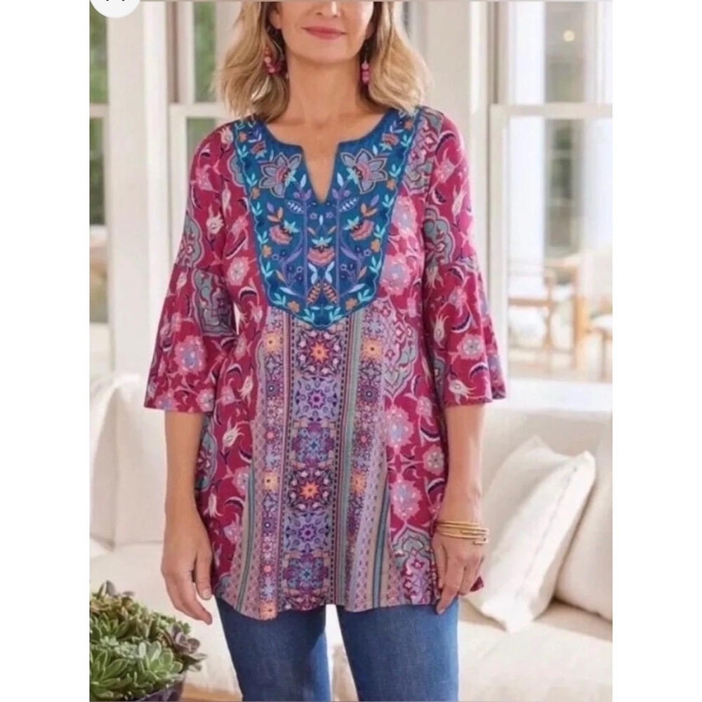 Soft Surroundings XL Magenta Paisley Embroidered Bell Sleeve Tunic Top 2EU17